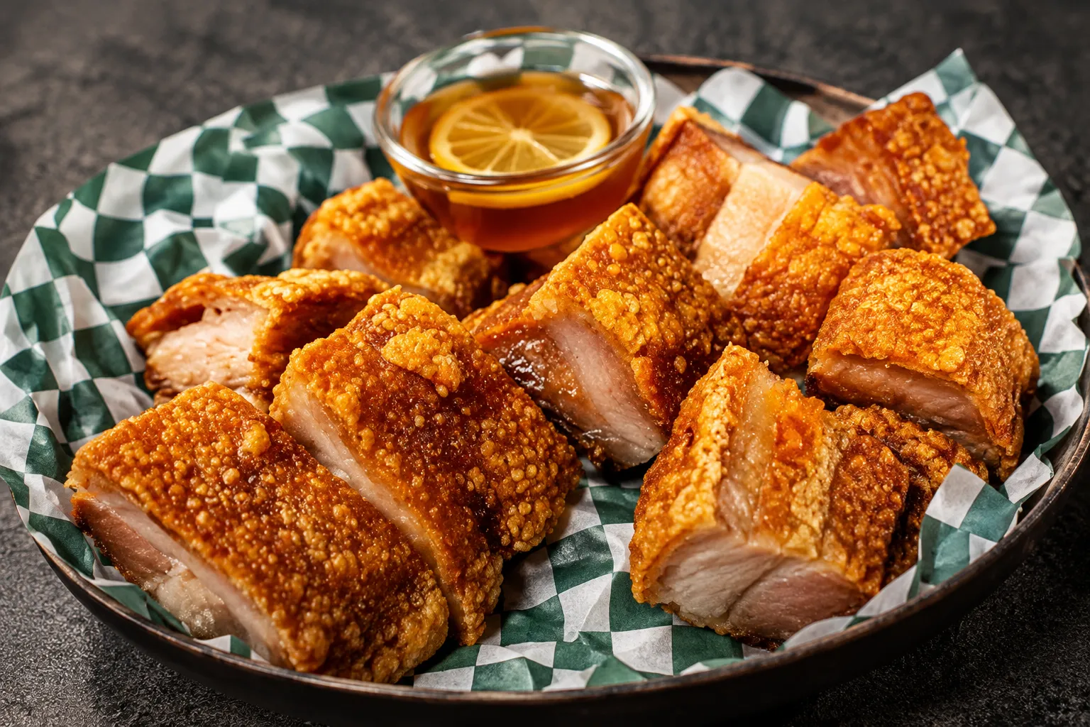 Lechon Kawali at Mar's Sisig Winnipeg — twice-cooked crispy pork belly with dipping sauce